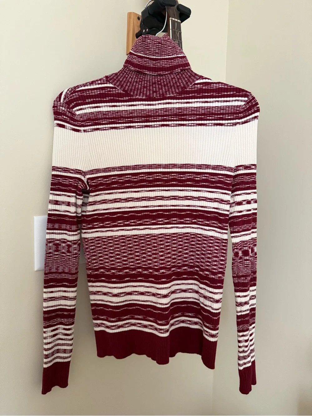 Tory Burch  Burgundy and White Striped Turtleneck Sweater